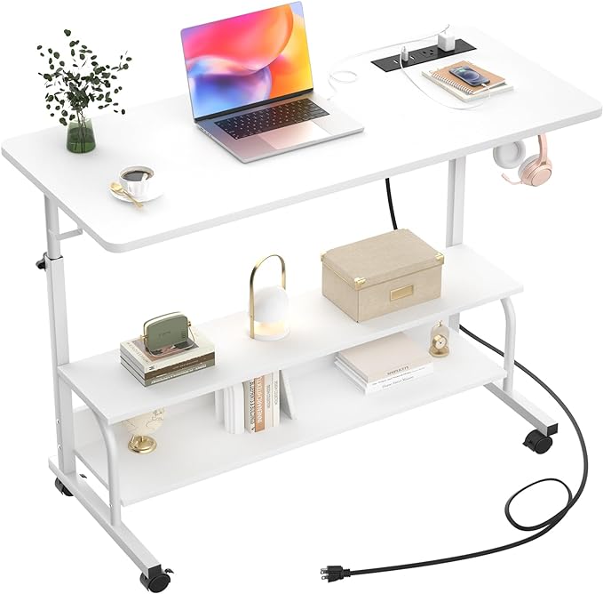 Height Adjustable Standing Desk with Power Outlets, 39" Manual Stand Up Desk with Storage Shelves Small Mobile Rolling Computer Desk Portable Laptop Table with Wheels for Home Office, White - LeafyLoom