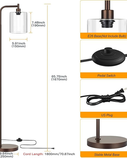 MAXvolador Industrial Floor Lamp, Modern Standing Lamps with Hanging Clear Glass Shade, Classic Reading Tall Pole Light for Living Room Bedroom, Brown - LeafyLoom