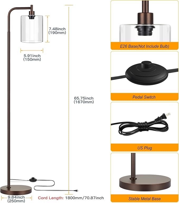 MAXvolador Industrial Floor Lamp, Modern Standing Lamps with Hanging Clear Glass Shade, Classic Reading Tall Pole Light for Living Room Bedroom, Brown - LeafyLoom