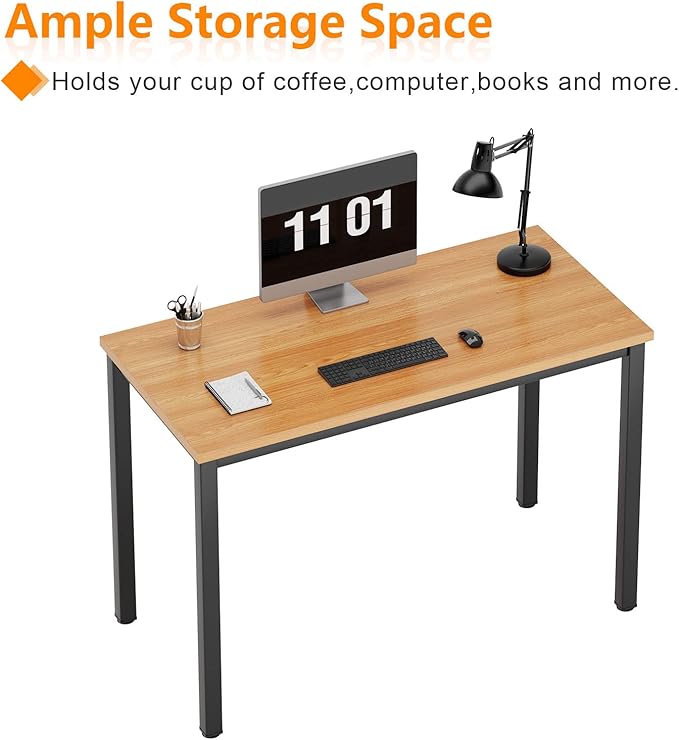 Need Small Desk, 39.4 inches Sturdy Writing Desk for Small Spaces, Small Computer Desk Teens Desk Study Table Laptop Desk Home Ofice Desk, Black Metal Frame, Teak - LeafyLoom
