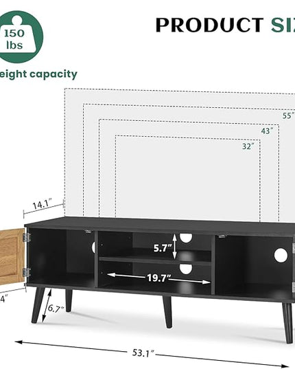 Iwell Rattan TV Stand for 60 Inch TV, Entertainment Center with 2 Cabinets & Adjustable Shelf, Rattan TV Console, Media Console for Living Room, Black+Natural - LeafyLoom
