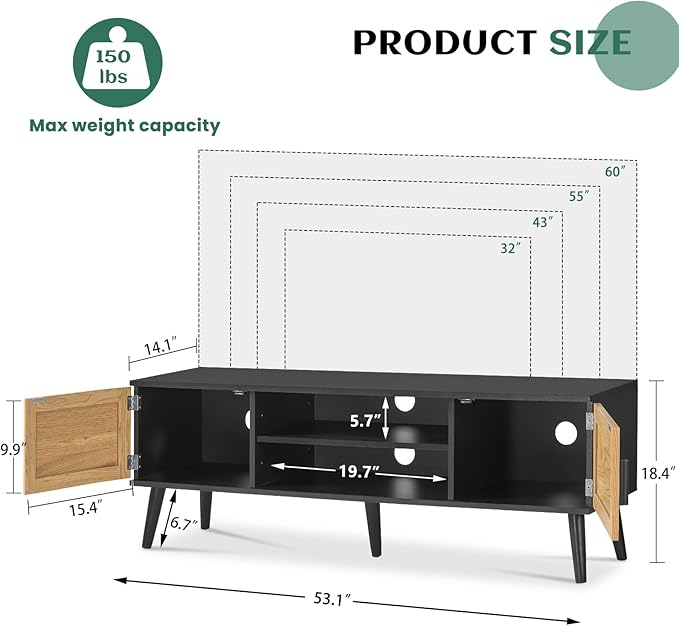 Iwell Rattan TV Stand for 60 Inch TV, Entertainment Center with 2 Cabinets & Adjustable Shelf, Rattan TV Console, Media Console for Living Room, Black+Natural - LeafyLoom