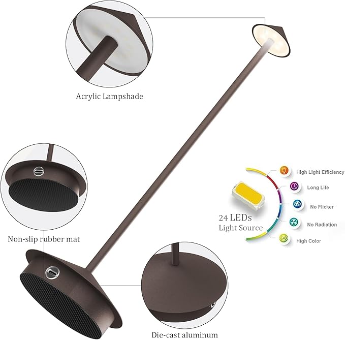 2-Pack 6000mAh Rechargeable LED Table Lamps,Outdoor Cordless Table Lamp Waterproof Portable, 3-Color Stepless Dimmable Modern Lamp for Restaurant/Bedroom(Rust) - LeafyLoom