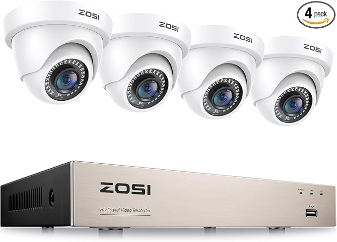 ZOSI 3K Lite 8CH H.265+ Home Security Camera System with AI Human/Vehicle Detection,Night Vision,5MP Lite 8 Channel CCTV DVR,4pcs 1080P 1920TVL 2MP Outdoor Indoor Surveillance Dome Cameras (No HDD) ZOSI