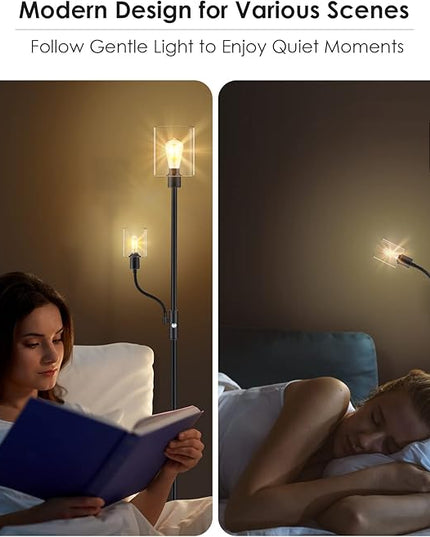 BoostArea Floor Lamp, 6W Black Modern Floor Lamp with 4W Adjustable Reading Lamp, 2700K Energy-Saving LED Bulbs Included, Industrial Bright Floor Lamp for Bedroom, Living Room and Office - LeafyLoom