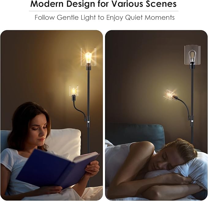 BoostArea Floor Lamp, 6W Black Modern Floor Lamp with 4W Adjustable Reading Lamp, 2700K Energy-Saving LED Bulbs Included, Industrial Bright Floor Lamp for Bedroom, Living Room and Office - LeafyLoom