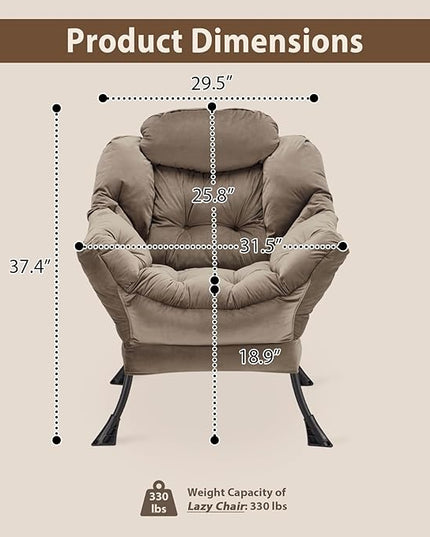 Lazy Chair Thick Padded, Accent Chair Velvet Upholstered with Wide Seat, Stable Metal Frame and Non-Slip Pad, Modern Sofa Armchair with Side Storage Bag for Dorm, Room, Office, Dark Gray - LeafyLoom