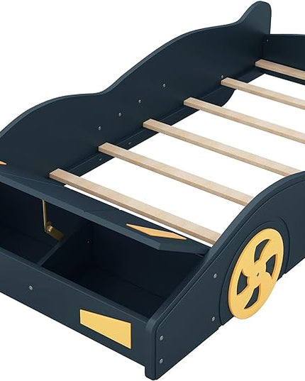 Twin Size Car Bed with Storage Space,Race Car-Shaped Platform Wooden Bedframe W/Wheels,No Box Spring Required,for Boys Toddlers Kids Child's Bedroom,Dark Blue+Yellow - LeafyLoom