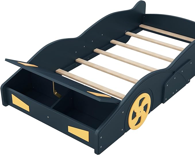 Twin Size Car Bed with Storage Space,Race Car-Shaped Platform Wooden Bedframe W/Wheels,No Box Spring Required,for Boys Toddlers Kids Child's Bedroom,Dark Blue+Yellow - LeafyLoom