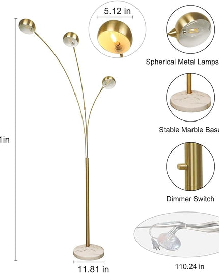 Depuley 3-Light Modern Floor Lamp, Dimmable Arc Floor Lamps with Marble Base, Multi Head Tall Standing Lamps with 350°/ 90° Rotating Lights for Living Room, Bedroom, Office(Gold, E12 Bulbs Included) - LeafyLoom
