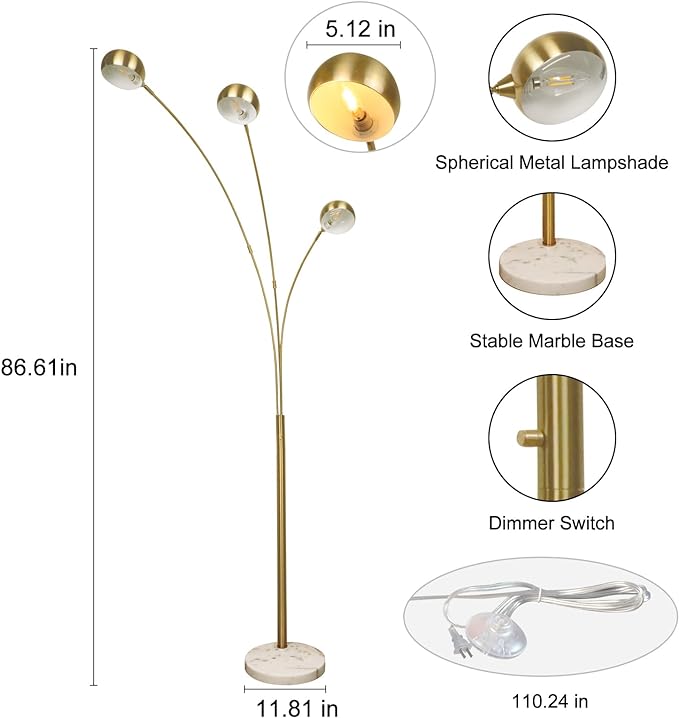 DLLT 3-Light Arc Floor Lamp, 86.6" Gold Floor Lamps for Living Room, Multi-Head LED Standing Tall Lamp with Adjustable Arms, Modern Tree Floor Lamps for Bedroom, Study, Office, E12 Bulbs Included - LeafyLoom