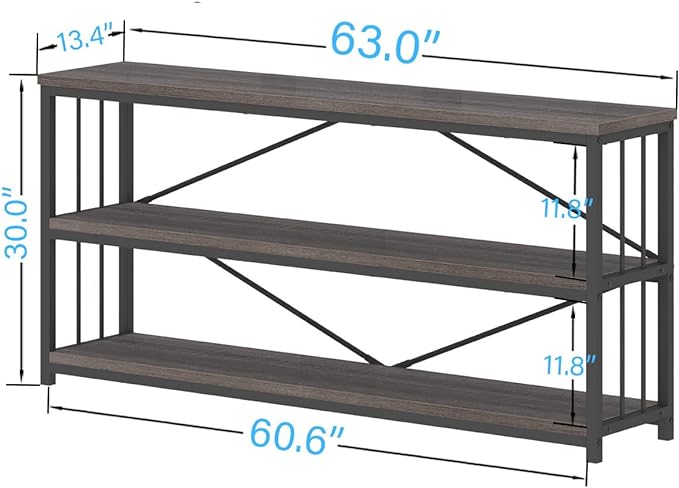 IBF Wood and Metal Book Shelf, Industrial Rustic Low 3 Tier Bookshelf, Farmhouse Long Wide Vintage Horizontal Bookcase, Modern Large Open Etagere for Home Office Living Room Bedroom, Gray Oak, 63 Inch - LeafyLoom