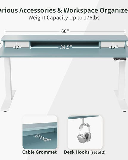 FEZIBO 60 x 24 Inch Height Adjustable Electric Standing Desk with Double Drawer, Stand Up Desk with Storage Shelf, Sit Stand Desk, Blue - LeafyLoom