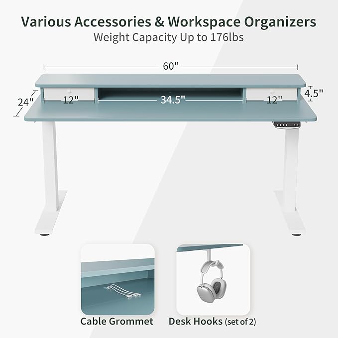FEZIBO 60 x 24 Inch Height Adjustable Electric Standing Desk with Double Drawer, Stand Up Desk with Storage Shelf, Sit Stand Desk, Blue - LeafyLoom