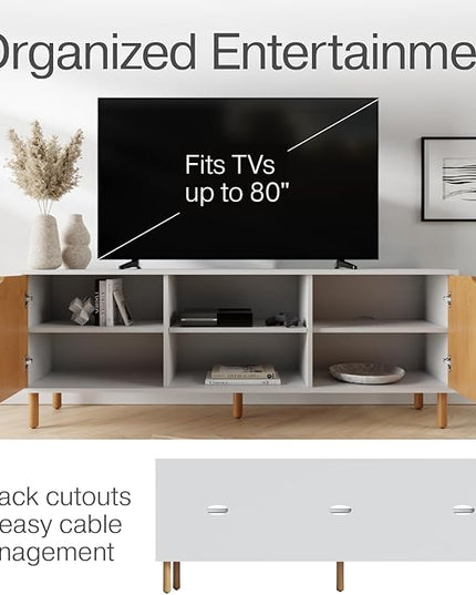 Contemporary Fluted TV Stand - Media Console - 70” Entertainment Center Console Table with Storage for Living Room - Fits 32 to 80" TVs (White and Oak) - LeafyLoom