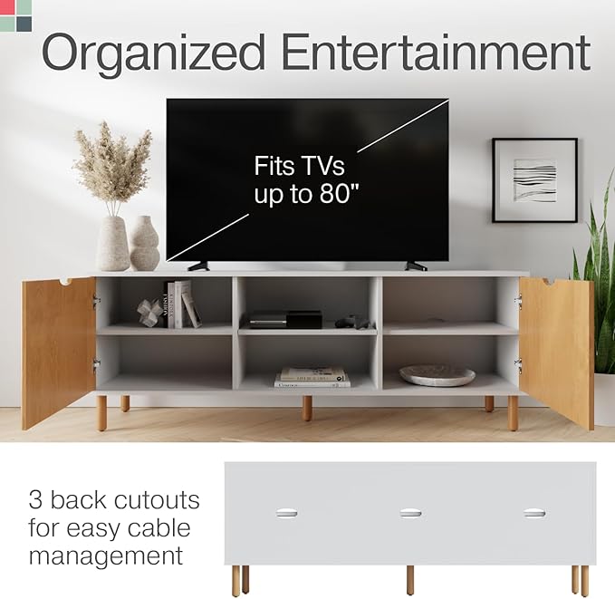 Contemporary Fluted TV Stand - Media Console - 70” Entertainment Center Console Table with Storage for Living Room - Fits 32 to 80" TVs (White and Oak) - LeafyLoom