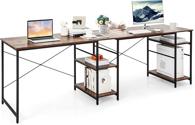 L-Shaped Home Office Desk, Corner Computer Desk w/Monitor Stand, Reversible PC Desk w/Heavy-Duty Metal Frame, Long Office Desk for 2 Person, Space-Saving Design (Rustic Brown) - LeafyLoom
