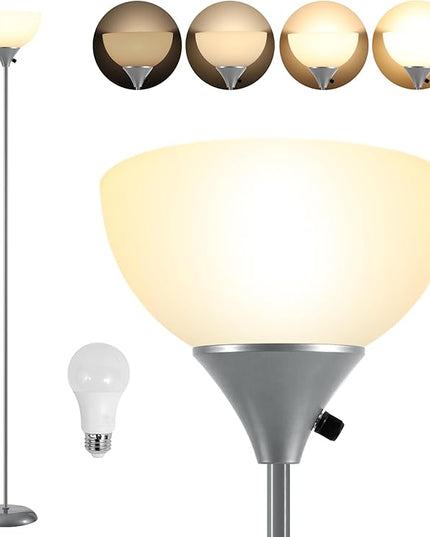 Floor Lamps for Living Room, Dimmable LED Modern Simple Standing Lamp, Tall Lamps for Bedroom Office Dining Room Kitchen, Minimalist Black Pole Lamp with Rotary Switch, 9W LED Bulb Included, Grey - LeafyLoom