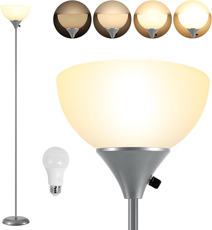 Floor Lamps for Living Room, Dimmable LED Modern Simple Standing Lamp, Tall Lamps for Bedroom Office Dining Room Kitchen, Minimalist Black Pole Lamp with Rotary Switch, 9W LED Bulb Included, Grey - LeafyLoom