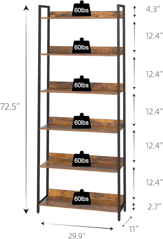 6-Tier Bookshelf, Large Bookcase with Open Shelves, Tall Book Shelf Coner Shelf for Living Room, Bedroom, Home Office, Study, Bathroom,11.5 x 29.9 x 72.6 Inches, Rustic Brown and Black - LeafyLoom