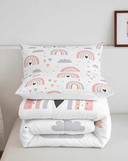 Rainbow Queen Bedding Sets For Girls, Kawaii Cloud Comforter Set 3 Pieces With 2 Pillow Cases, Pink Love Heart Down Comforter For Kids Boys Women Adult, Hand Drawn Cartoon Rainbow Duvet Insert - LeafyLoom
