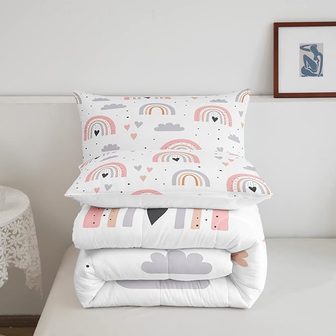 Rainbow Full Bedding Sets For Girls, Kawaii Cloud Comforter Set 3 Pieces With 2 Pillow Cases, Pink Love Heart Down Comforter For Kids Boys Women Adult, Hand Drawn Cartoon Rainbow Duvet Insert - LeafyLoom