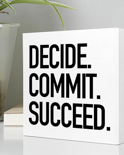Decide Commit Succeed Wooden Sign Desk Decor,Motivational Fitness Gym Workout Quote Wood Block Sign Desk Decorations for Home Gym Office Desk Shelf Table Decor - LeafyLoom