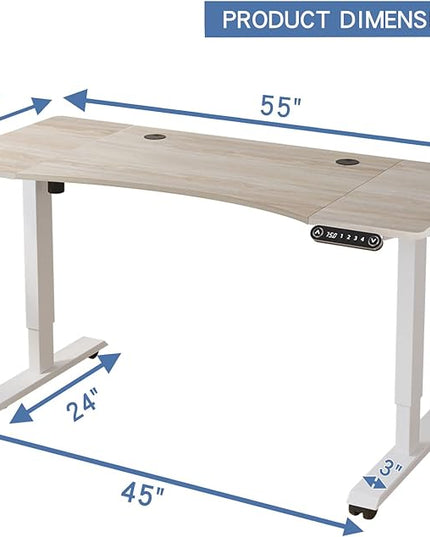 Adjustable Height Electric Standing Desk - 55 x 30 Inch Sit Stand Computer Desk with Splice Board, Stand Up Desk Table for Home Office, White Frame/Oak Top(with Radian) - LeafyLoom