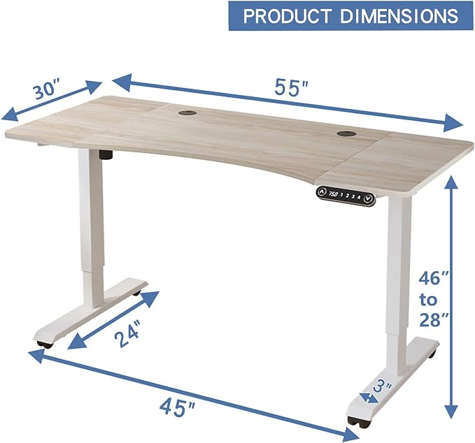 Adjustable Height Electric Standing Desk - 55 x 30 Inch Sit Stand Computer Desk with Splice Board, Stand Up Desk Table for Home Office, White Frame/Oak Top(with Radian) - LeafyLoom