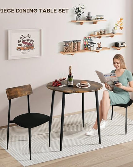 Small Dining Table for 2, Small Kitchen Table for 2, Bar Table, Dining Room Table, Round Dining Table, Bistro Table and Chairs Set of 2, for Small Spaces, with Fabric Seats, Rustic Brown - LeafyLoom