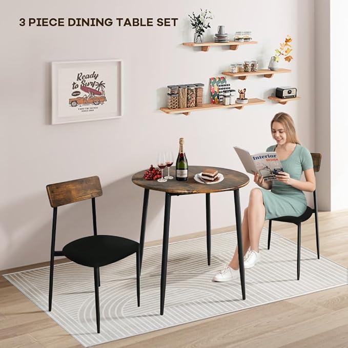 Small Dining Table for 2, Small Kitchen Table for 2, Bar Table, Dining Room Table, Round Dining Table, Bistro Table and Chairs Set of 2, for Small Spaces, with Fabric Seats, Rustic Brown - LeafyLoom