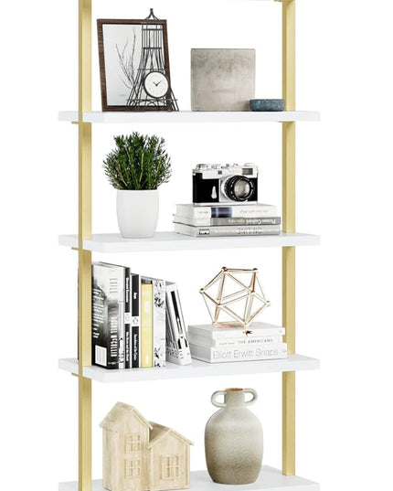 NUMENN 5 Tier Book Shelf, Industrial Ladder Shelf, Open Space Wall Mount Bookshelf with Metal Frame, Sturdy Book Shelves, Bookcase for Living Room, Home Office Shelf, White/Gold - LeafyLoom