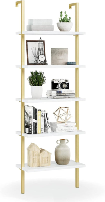 NUMENN 5 Tier Book Shelf, Industrial Ladder Shelf, Open Space Wall Mount Bookshelf with Metal Frame, Sturdy Book Shelves, Bookcase for Living Room, Home Office Shelf, White/Gold - LeafyLoom