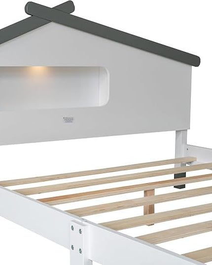 Bellemave Full Size Platform Bed with House-Shaped Headboard and Motion Activated Night Lights,Wood Full Kids Bed Frame for Teens, Girls,Boys(Full,White) - LeafyLoom
