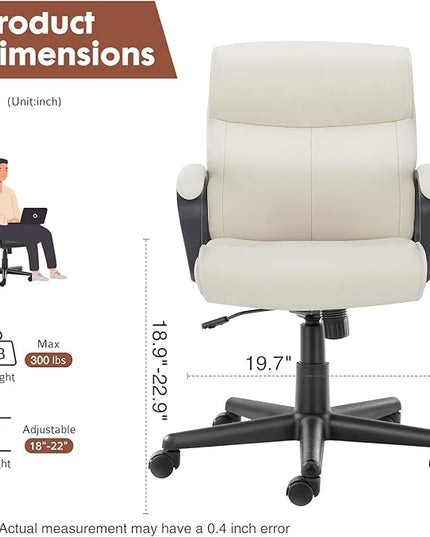 OLIXIS Home Office Mid-Back Computer Desk Chair with Armrests Height Adjustable, 360-Degree Swivel, Lumbar Support, PU Leather, Ivory - LeafyLoom