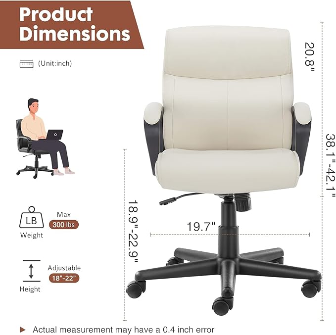 OLIXIS Home Office Mid-Back Computer Desk Chair with Armrests Height Adjustable, 360-Degree Swivel, Lumbar Support, PU Leather, Ivory - LeafyLoom