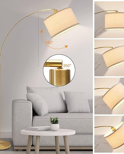 Arc Floor Lamps for Living Room, Gold Modern Floor Lamp, Tall Pole Lamp with Foot Switch, Adjustable Hanging Drum Shade, Over Couch Arched Reading Light for Bedroom, Office, LED Bulb Not Include - LeafyLoom