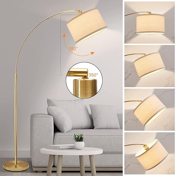 Arc Floor Lamps for Living Room, Gold Modern Floor Lamp, Tall Pole Lamp with Foot Switch, Adjustable Hanging Drum Shade, Over Couch Arched Reading Light for Bedroom, Office, LED Bulb Not Include - LeafyLoom