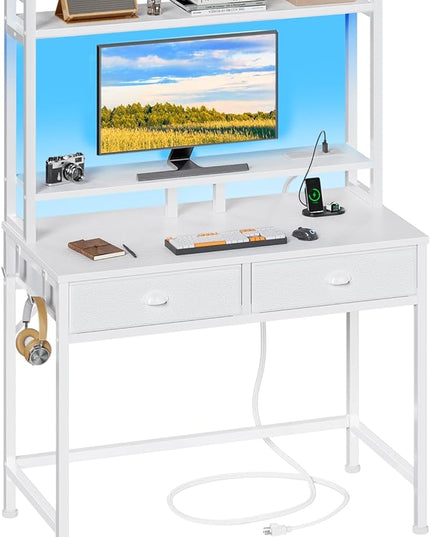 Furologee Small White Computer Desk with Power Outlet and 2 Fabric Drawers, Gaming Desk with LED light, Home Office Desk with Monitor Stand and Hutch for Small Space Working, Study Table with Shelf - LeafyLoom