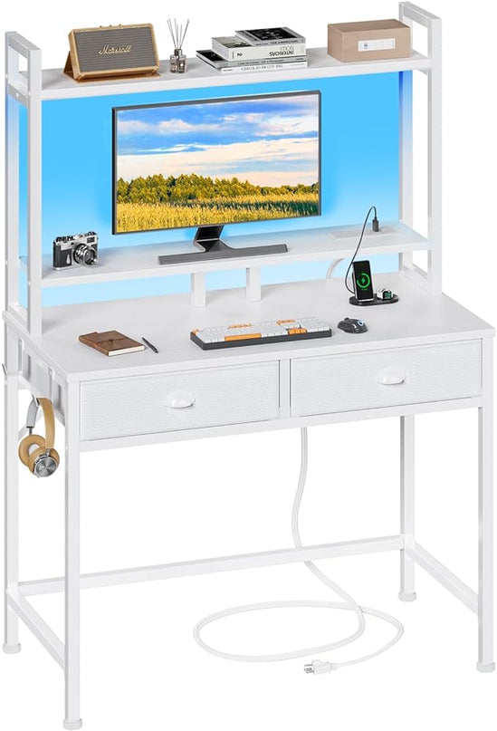 Furologee Small White Computer Desk with Power Outlet and 2 Fabric Drawers, Gaming Desk with LED light, Home Office Desk with Monitor Stand and Hutch for Small Space Working, Study Table with Shelf - LeafyLoom