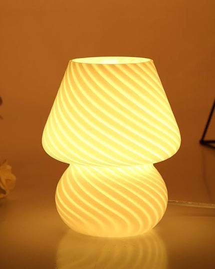 BSOD Mushroom Lamp,Glass Table Bedside Lamps Translucent Murano Vintage Style Striped Small Night Mushroom Decor Light Swirl for Ambient,Kids,Bedroom,Living,Girl Gift (Stripe White) - LeafyLoom
