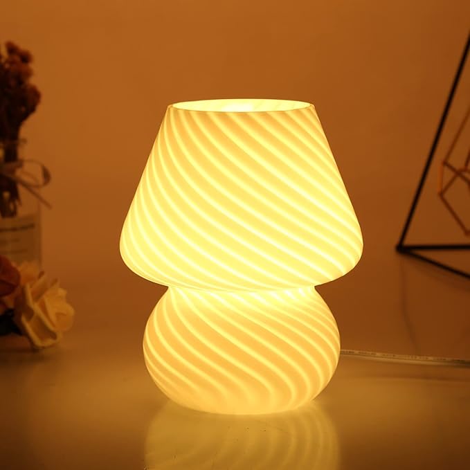 BSOD Mushroom Lamp,Glass Table Bedside Lamps Translucent Murano Vintage Style Striped Small Night Mushroom Decor Light Swirl for Ambient,Kids,Bedroom,Living,Girl Gift (Stripe White) - LeafyLoom