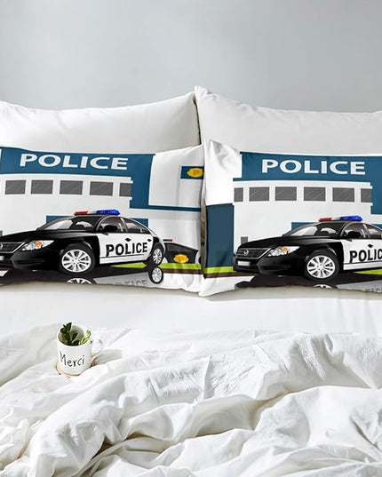 Children Police Car Comforter Set, 3D Car Pattern Down Comforter Full Size for Kids Boys Girls Teens Bedroom, Cartoon Automobile Quilted Duvet, Decorative 3 Piece Bedding Set with 2 Pillow Cases - LeafyLoom