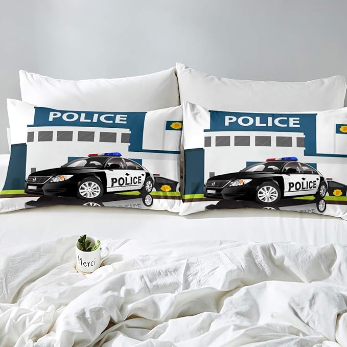 Children Police Car Down Comforter, 3D Car Pattern Comforter Set Queen Size for Kids Boys Girls Teens Bedroom, Cartoon Automobile Quilted Duvet, Decorative 3 Piece Bedding Set with 2 Pillow Cases - LeafyLoom