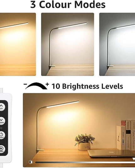 Lepro Small Desk Lamp with Clamp, LED Reading Lamp with 3 Color Modes 10 Brightness, Dimmable USB Clip on desk light with Gooseneck Swing Arm for Bed Headboard, Workbench, Home Office and Nail (White) - LeafyLoom