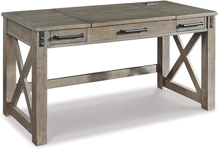 Signature Design by Ashley Aldwin Rustic Farmhouse 60" Home Office Lift Top Desk with Charging Ports, Distressed Gray - LeafyLoom