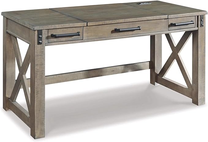 Signature Design by Ashley Aldwin Rustic Farmhouse 60" Home Office Lift Top Desk with Charging Ports, Distressed Gray - LeafyLoom