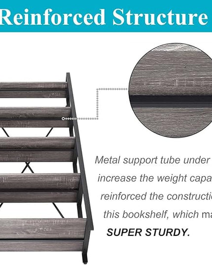 BON AUGURE 5-Tier Ladder Shelf, Industrial Leaning Bookcase, Wood and Metal Ladder Bookshelf for Living Room, Bedroom, Kitchen, Home Office (Grey Oak) - LeafyLoom