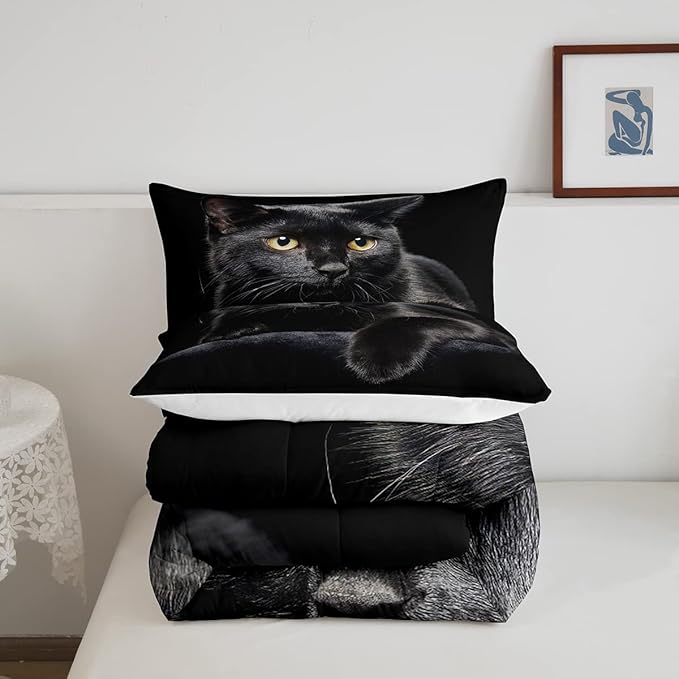 Cat Comforter Bedding Set King for Girls Kids,Black Cat Lying On The Black Sofa Pattern Printed Bedding Set,Black Comforter Set,Pet Animal Comforter Soft Breathable Quilt with 2 Pillowcases - LeafyLoom