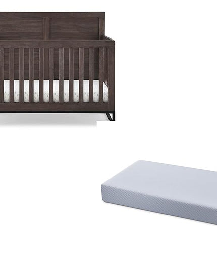 Simmons Kids Foundry 6-in-1 Convertible Baby Crib, Rustic Grey with Matte Black + Quiet Nights Breathable Crib Mattress with Removable/Machine Washable Cover (Bundle) - LeafyLoom